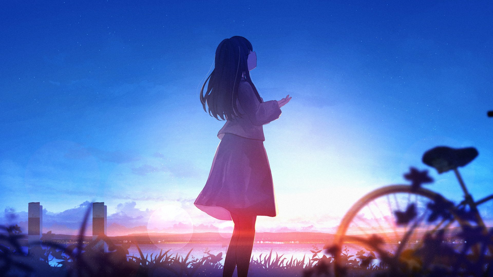 Anime girl with long hair stands near a bike at sunset under a vivid sky, rendered in stunning 4K Ultra HD for a PC desktop wallpaper background.