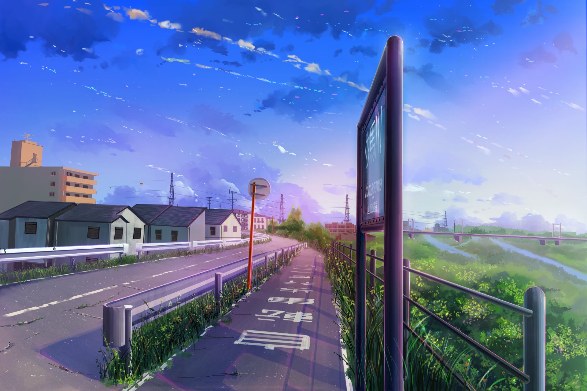 Anime-style 4K Ultra HD wallpaper depicting a peaceful town street lined with houses under a vibrant sky, blending original art with serene urban scenery.