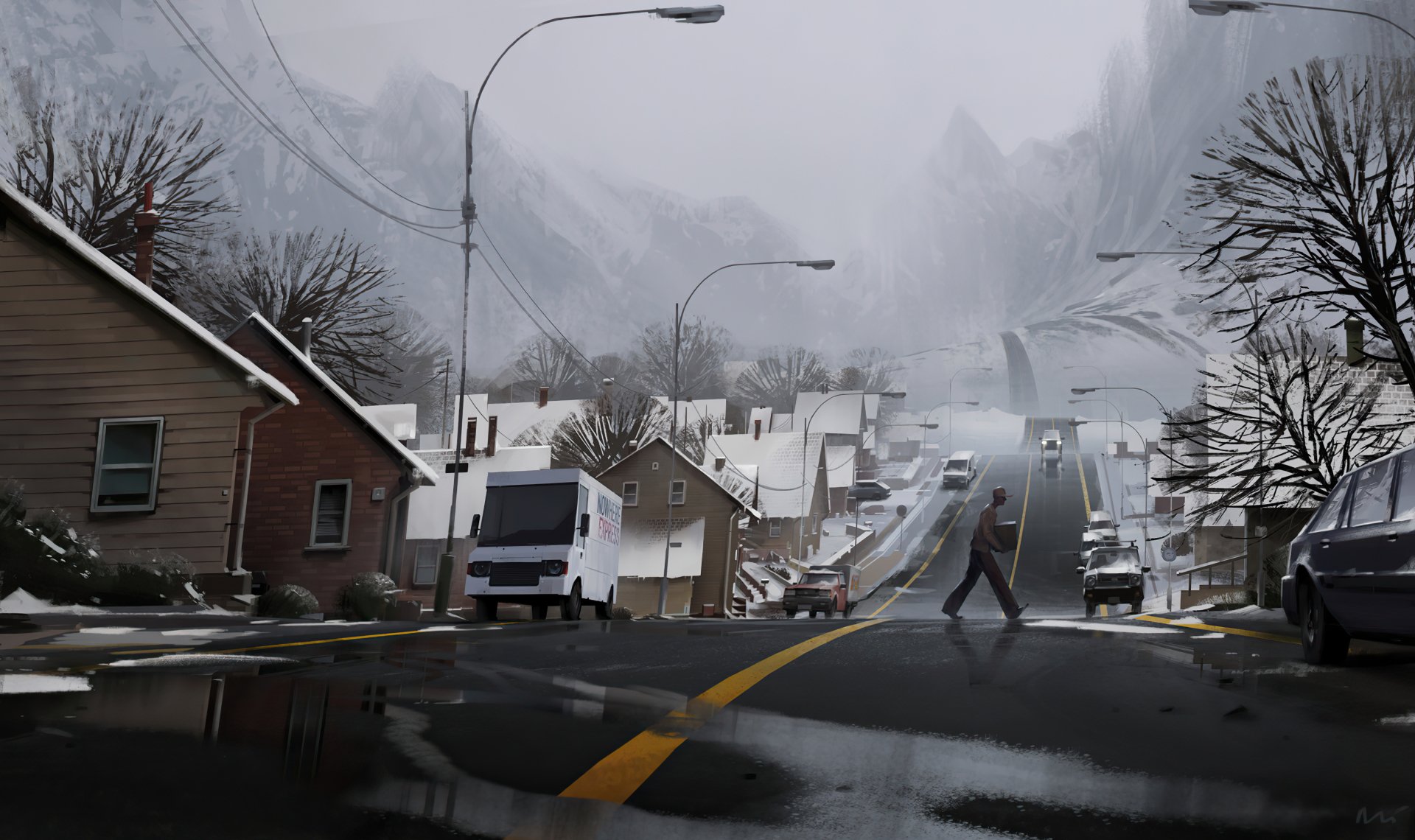 Download Snow Mountain Town Puddle Winter Artistic Road Snowy Mountain HD Wallpaper by Michal Lisowski