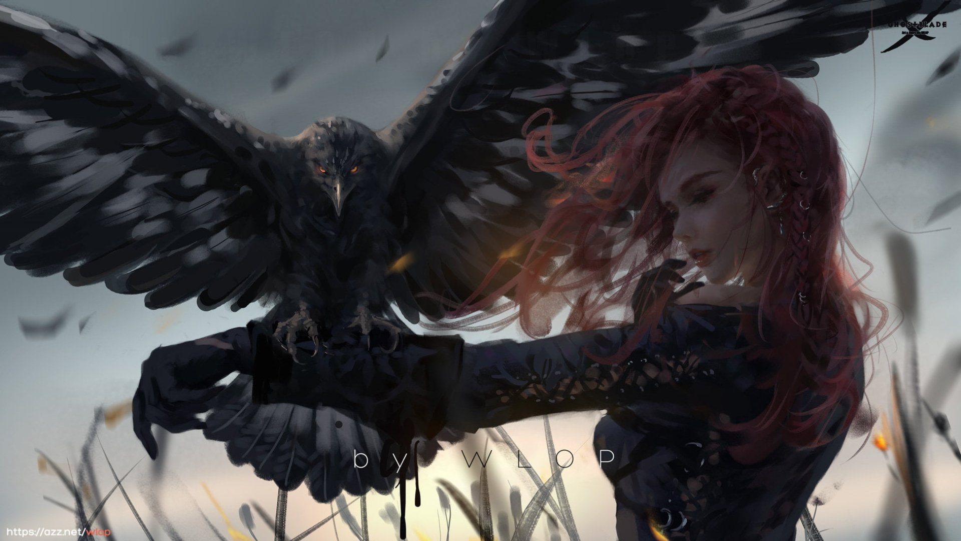 A fantasy-themed HD wallpaper featuring a woman with red hair and a large black bird perched on her gloved arm, set against a dramatic sky backdrop. Tags: GhostBlade, fantasy, woman.