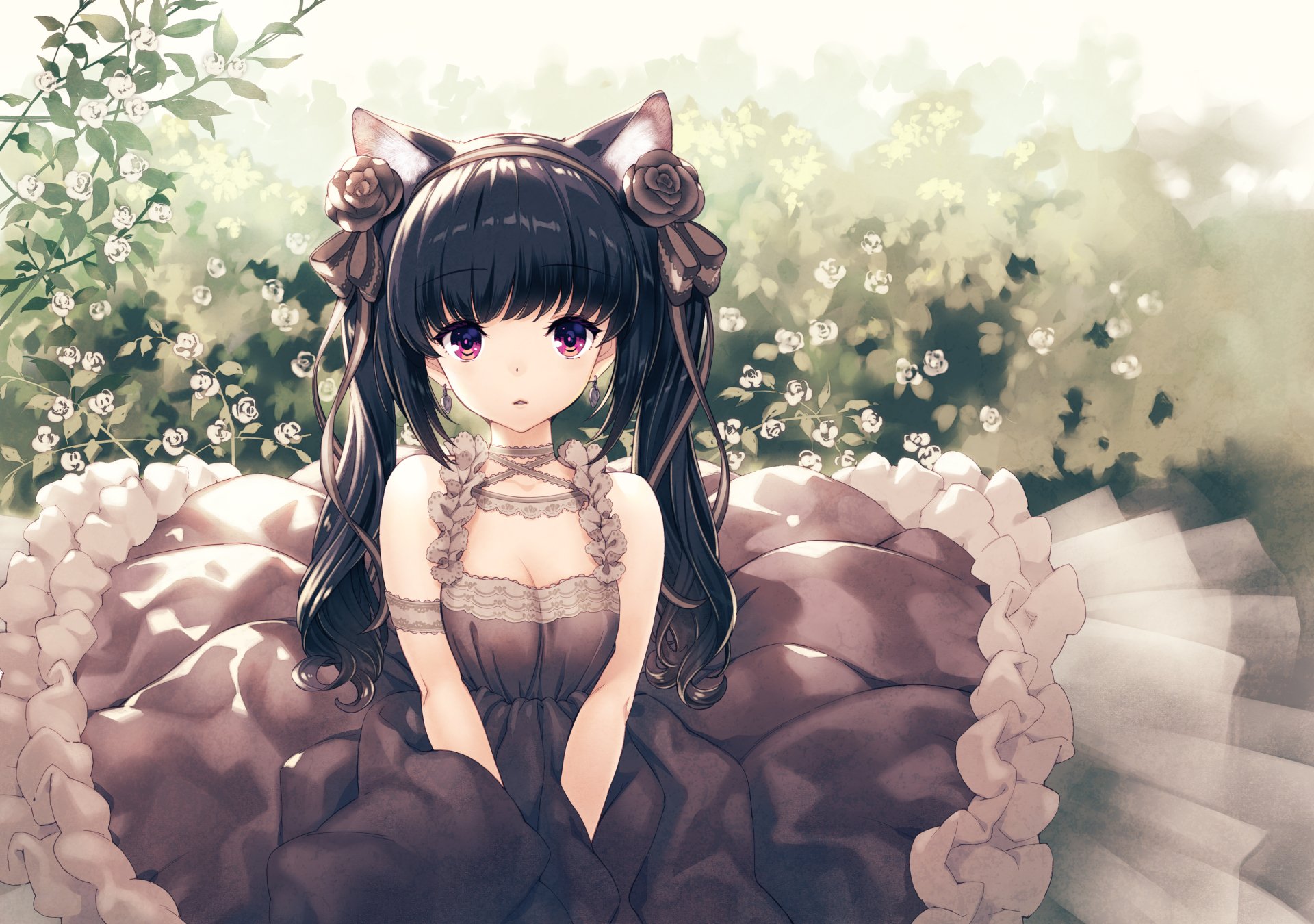 HD anime-style original artwork of a girl with dark hair and purple eyes, wearing an elegant dress, set against a soft, floral outdoor background for a PC desktop wallpaper.