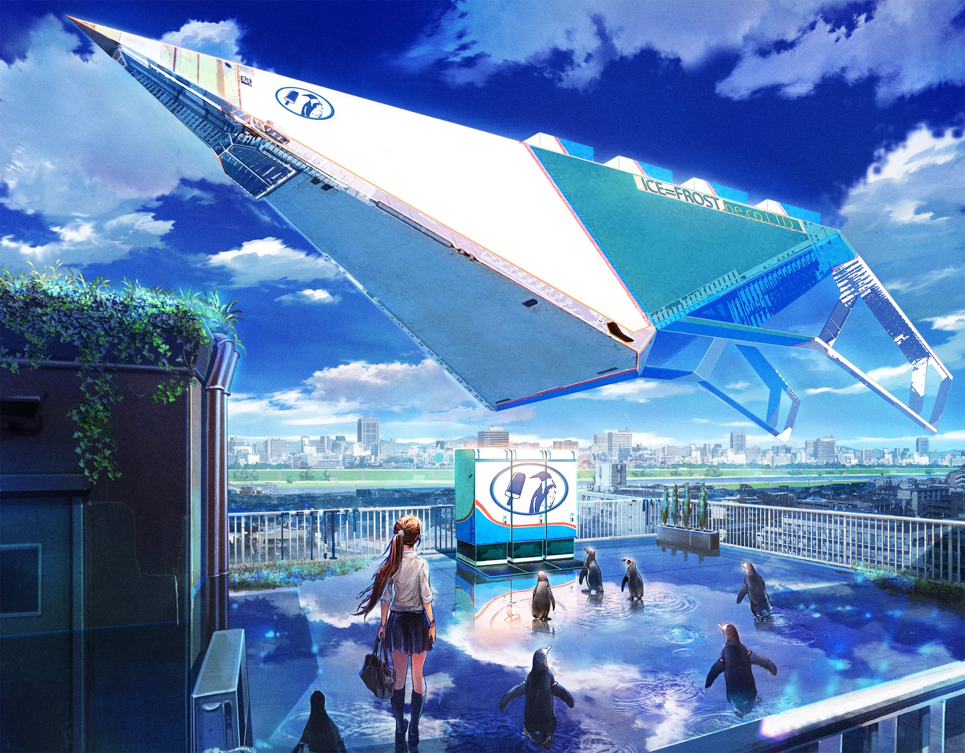 HD anime-style desktop wallpaper showing a futuristic airplane flying over a rooftop pool with people under a bright blue sky.