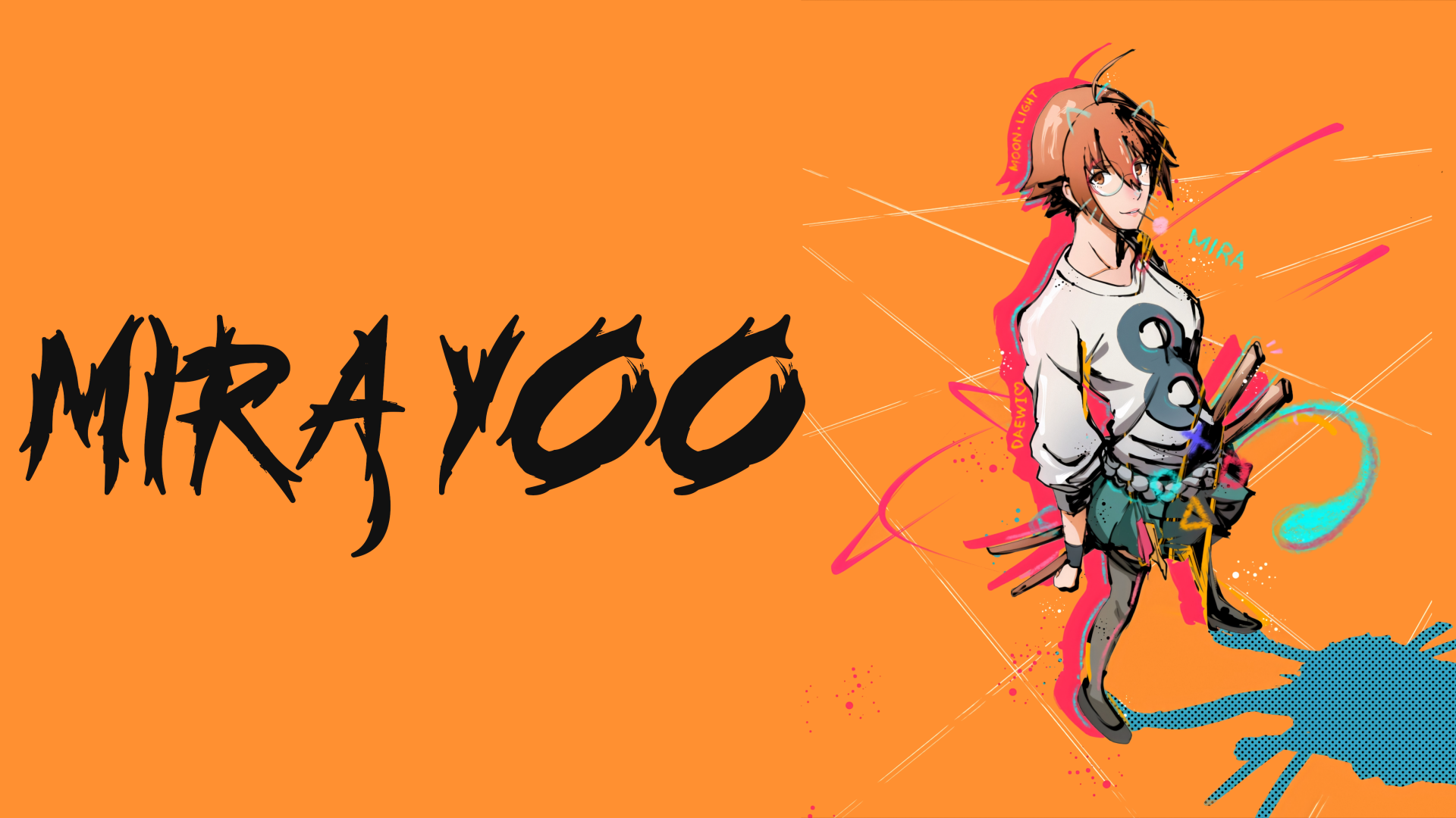 Yu Mira from The God of High School anime on an orange 5K Ultra HD PC desktop wallpaper, stylized character with colorful brushstrokes and bold MIRAYOO text