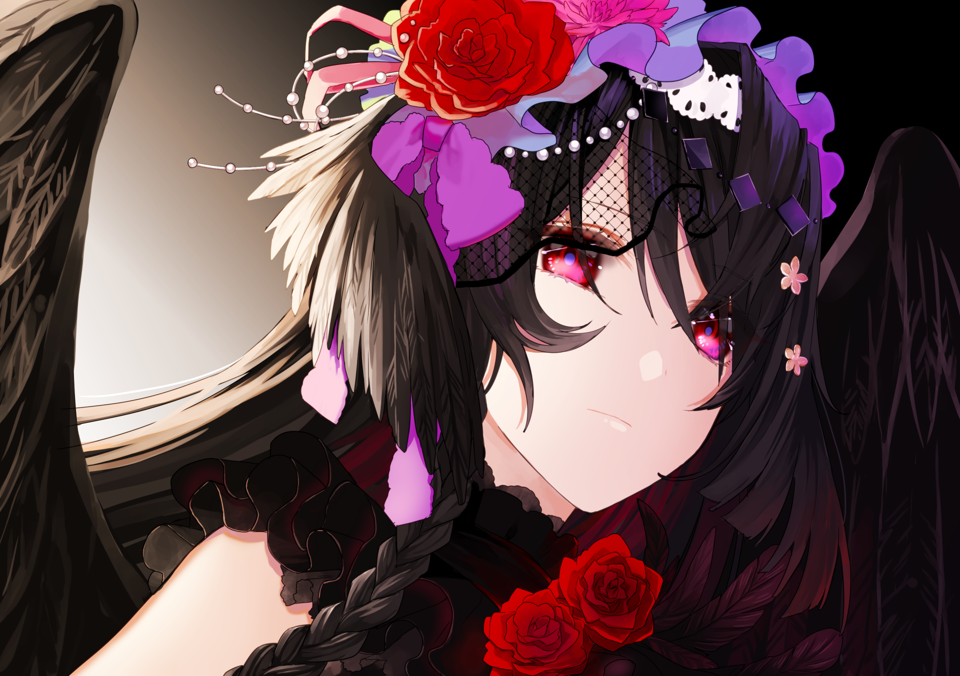 HD anime desktop wallpaper featuring an original character with dark hair, red and purple flowers, and a mix of veils and feathers, giving a striking, gothic appearance.