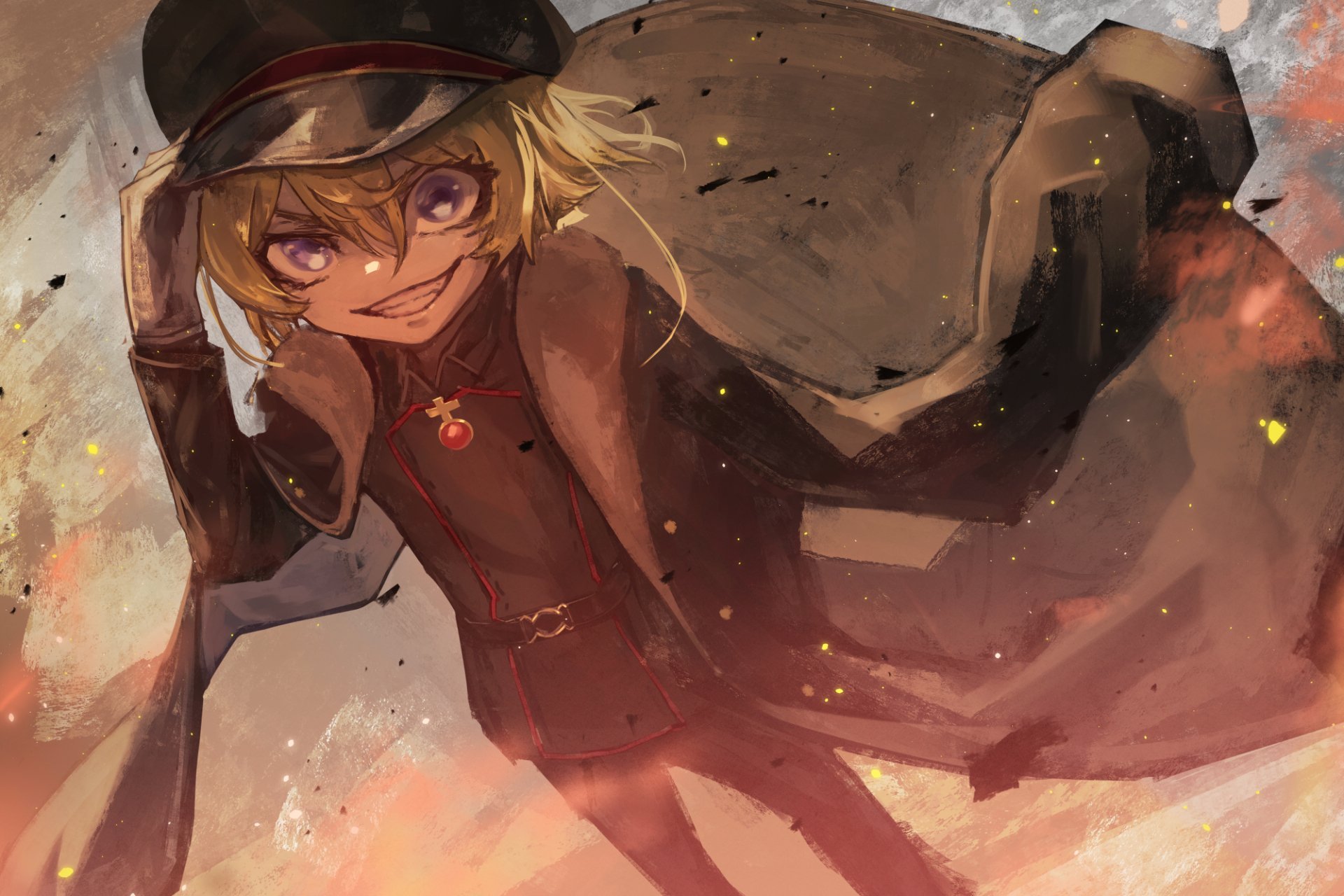 HD PC anime wallpaper of Tanya Degurechaff from The Saga of Tanya the Evil, grinning in a military cap and coat as embers and smoke swirl across a fiery battlefield backdrop.