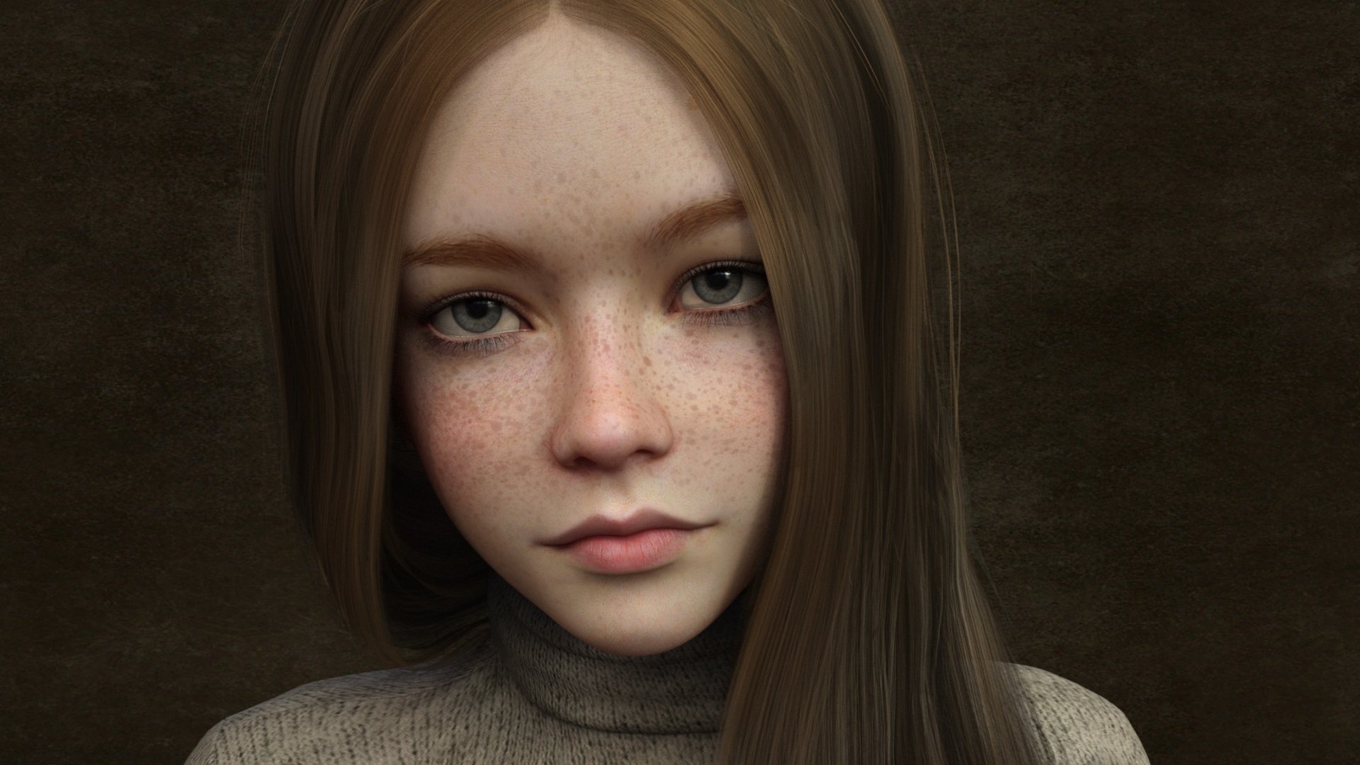 Artistic HD PC desktop wallpaper: close-up portrait of a freckled woman with long brown hair and a calm expression against a dark, textured background.
