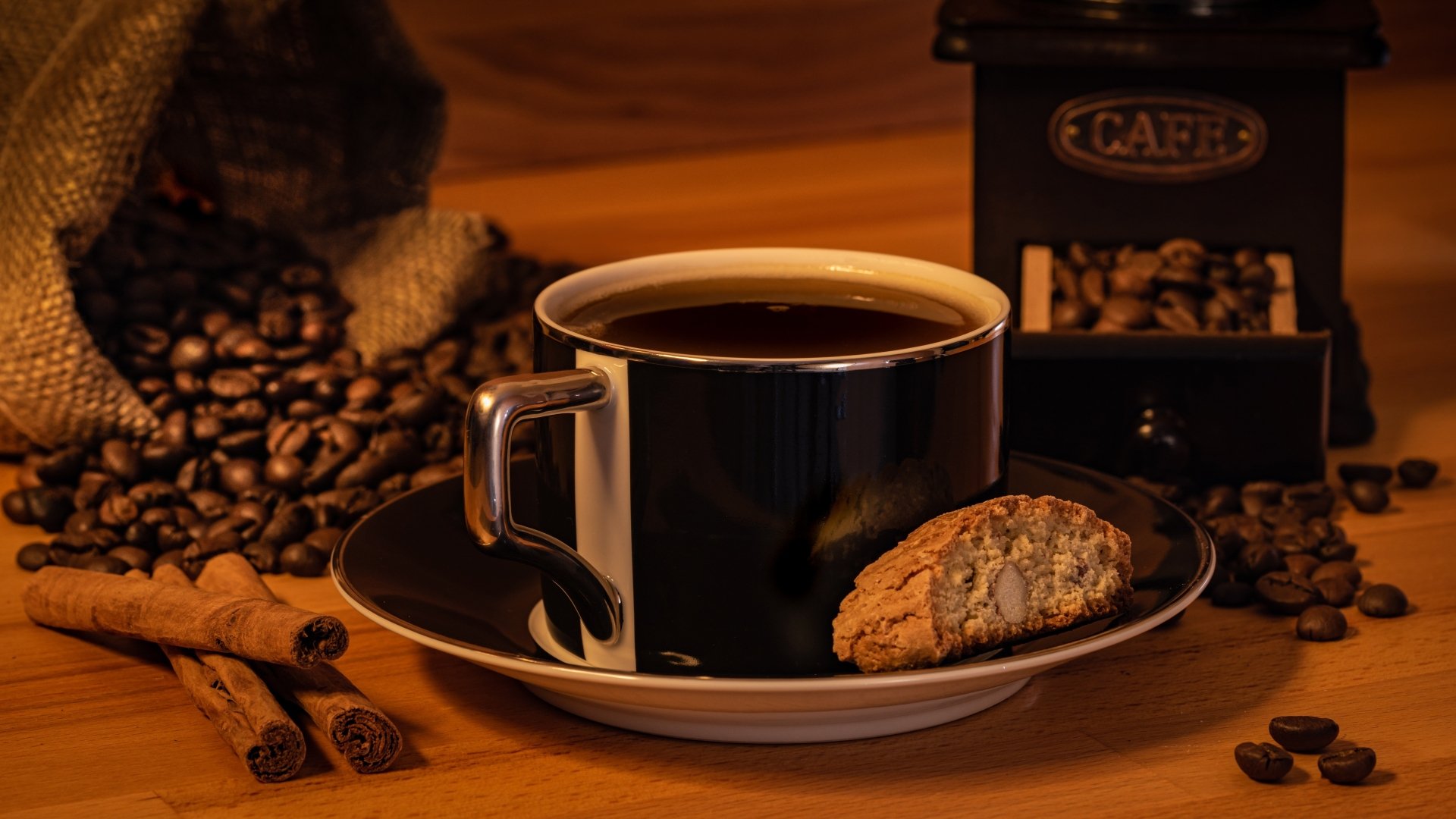 Download Saucer Coffee Beans Drink Mug Cookie Food Coffee 4k Ultra HD Wallpaper