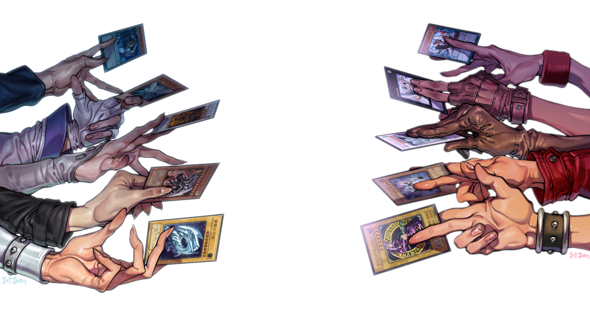 Anime-inspired HD desktop wallpaper featuring hands holding Yu-Gi-Oh! cards, captured in a dynamic and engaging composition against a white background.