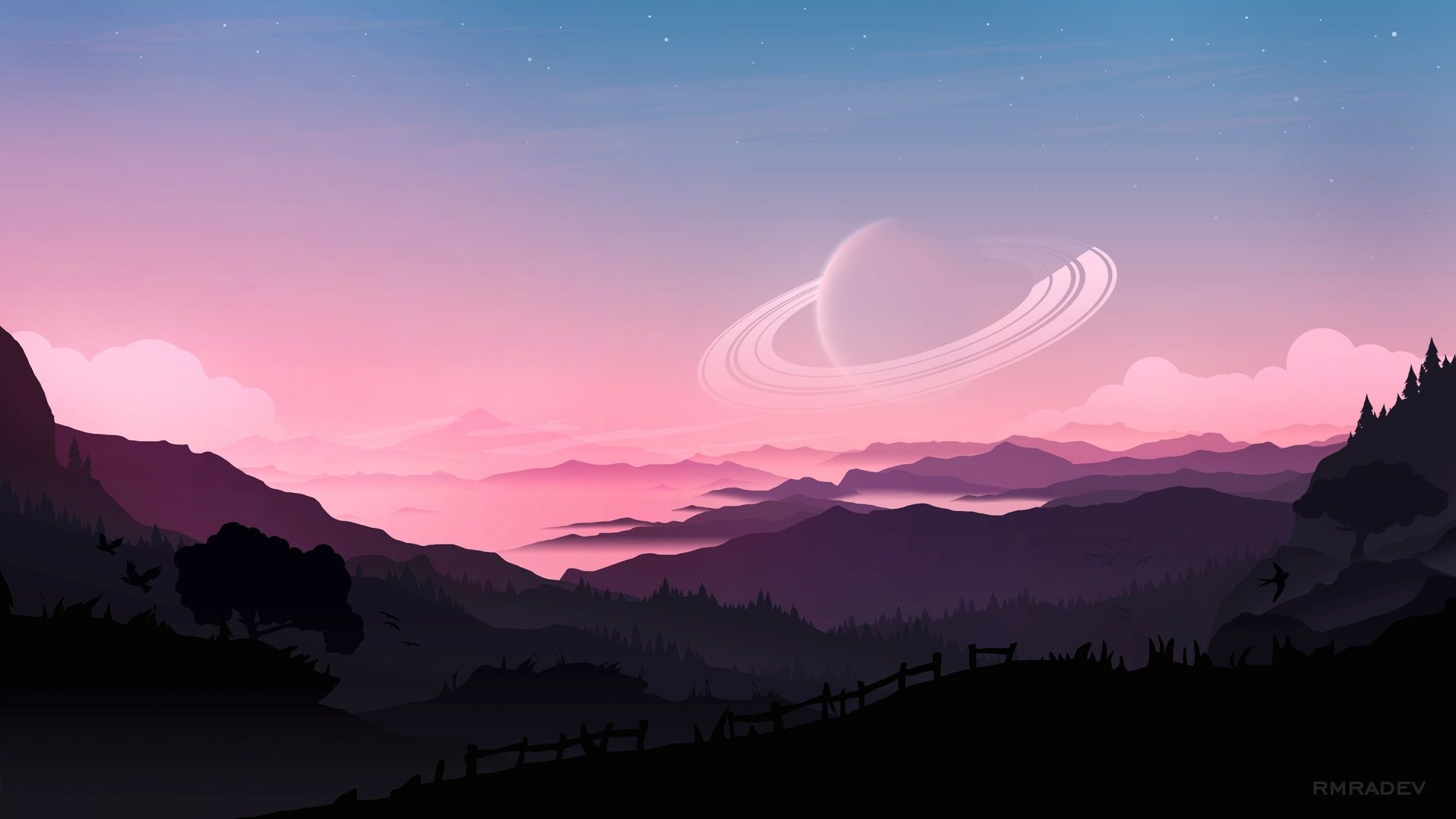 HD PC desktop wallpaper of a sci-fi landscape featuring layered mountains at sunset under a starry sky with a large ringed planet in soft pink and purple hues.