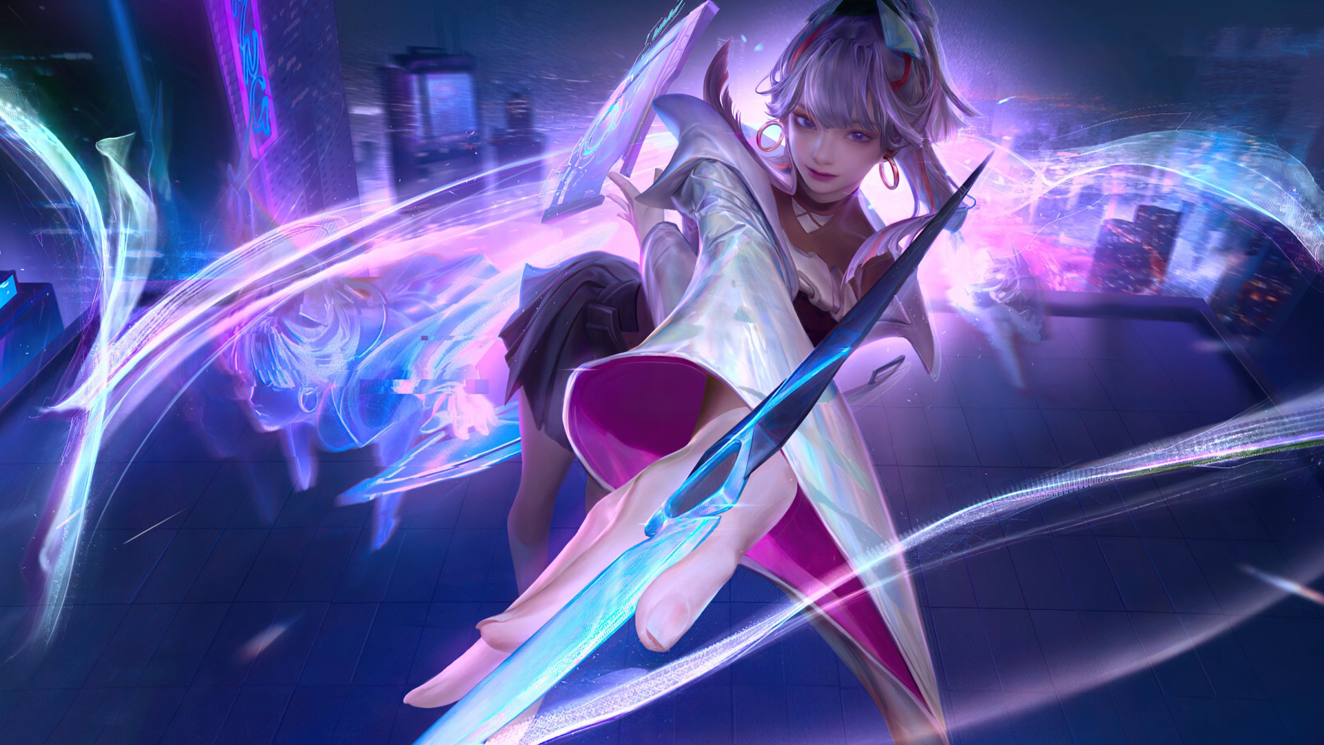 HD PC desktop wallpaper featuring a pink-haired woman warrior in a dynamic fantasy scene with glowing blue and purple energy effects.