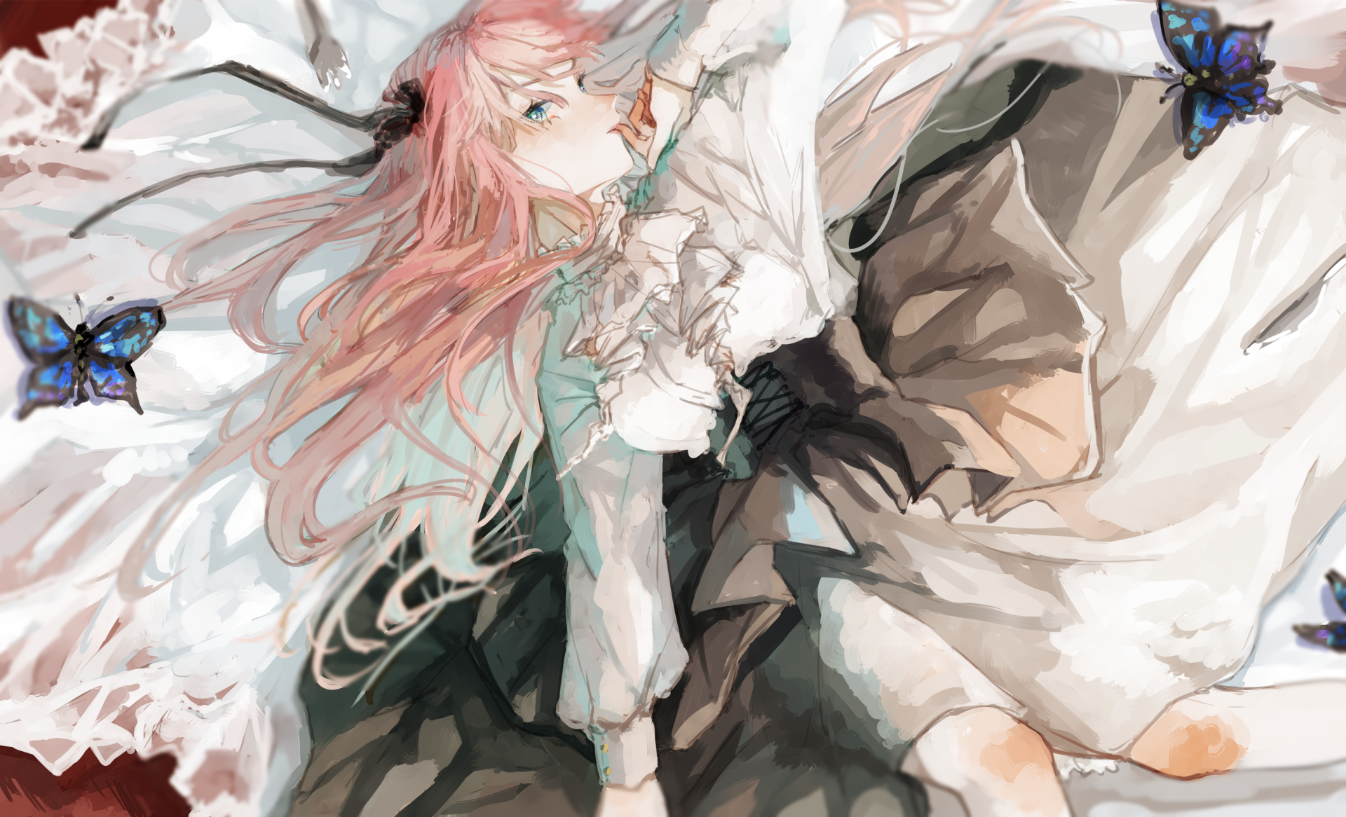 HD anime desktop wallpaper featuring Nino Nakano from The Quintessential Quintuplets with pink hair, blue eyes, and butterflies surrounding her.