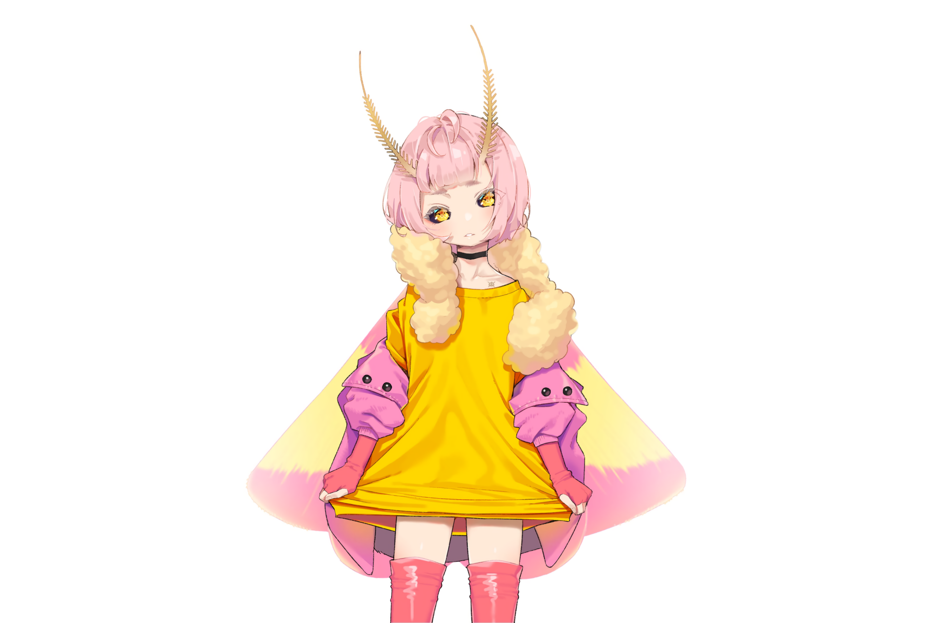 Anime girl with short pink hair and yellow eyes, wearing a yellow fur‑trimmed coat and pink gloves; centered composition — 2K Quad HD PC desktop wallpaper/background.