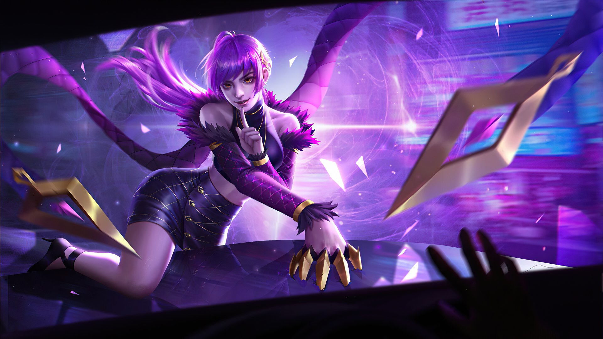 Evelynn (League of Legends) in purple neon, crouching with clawed hand and glowing shards — 4K Ultra HD PC desktop wallpaper/background from the League of Legends video game.