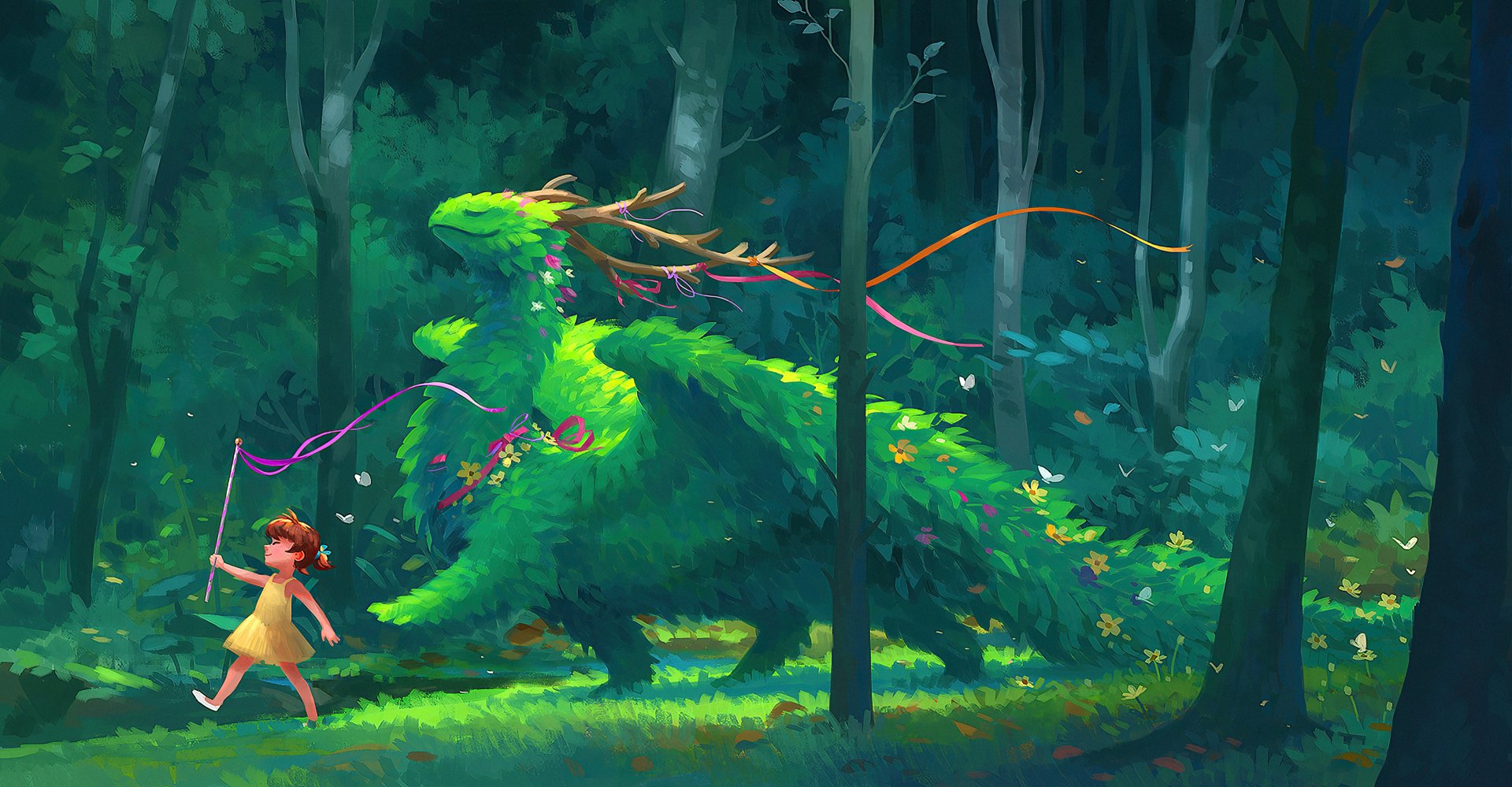 A fantasy-themed HD desktop wallpaper featuring a little girl walking in a magical forest with a green dragon adorned with flowers and ribbons.