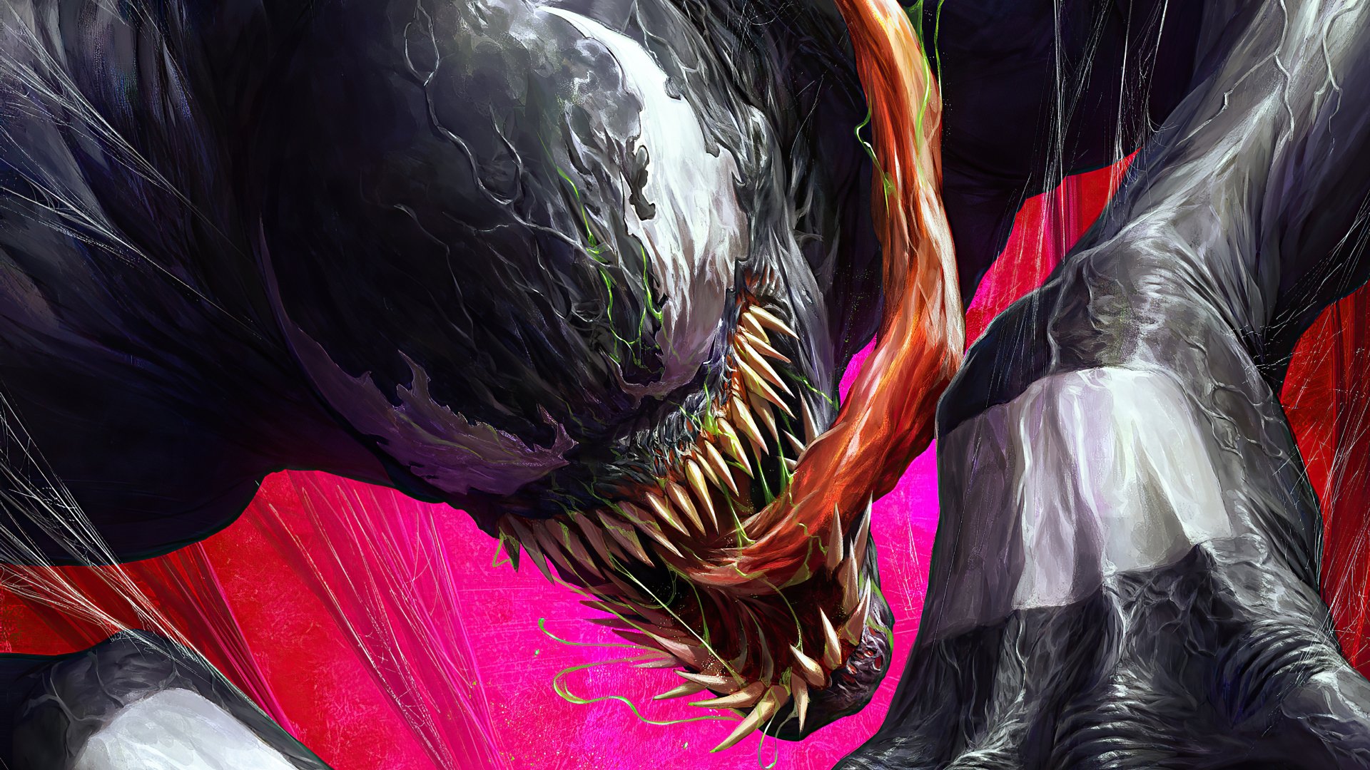 4K Ultra HD PC desktop wallpaper featuring a detailed comic-style close-up of Venom with sharp teeth and an extended tongue against a vibrant red background.