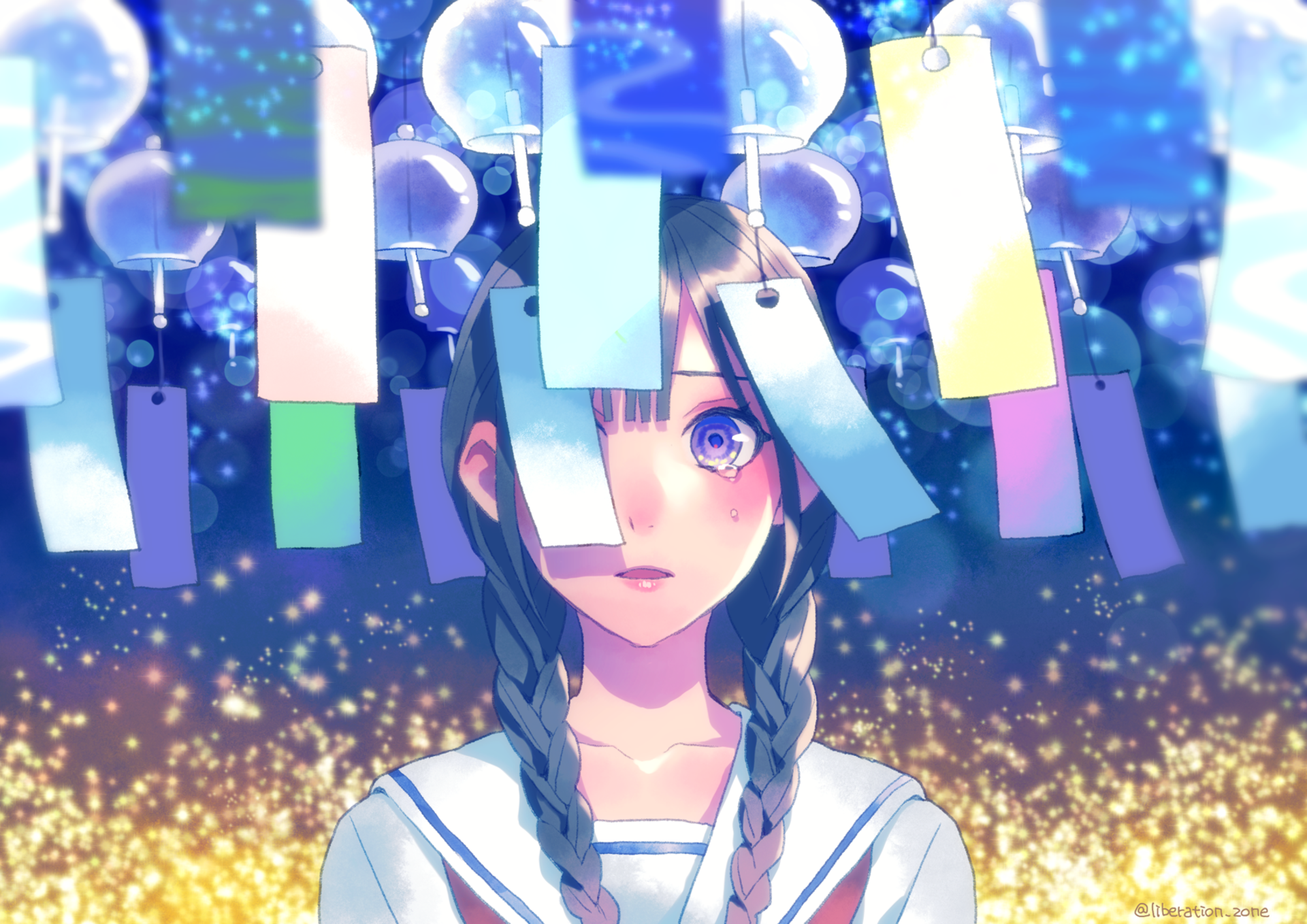 Anime original HD PC wallpaper: tearful girl with purple eyes and braided hair beneath colorful summer wind chimes, glowing lights in a dreamy Anime Summer night.