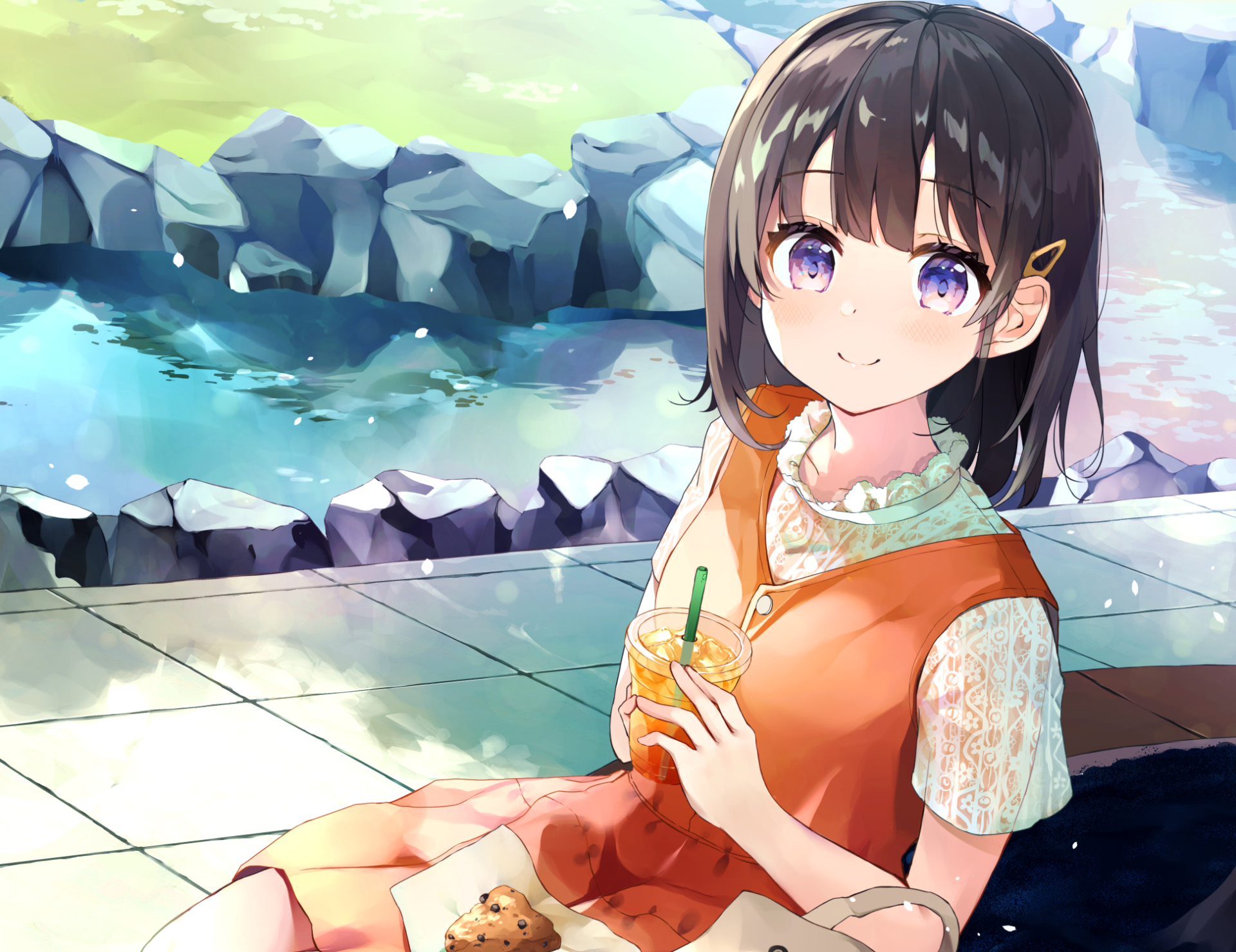 Download Drink Purple Eyes Cookie Water Anime Original HD Wallpaper by 万冬しま