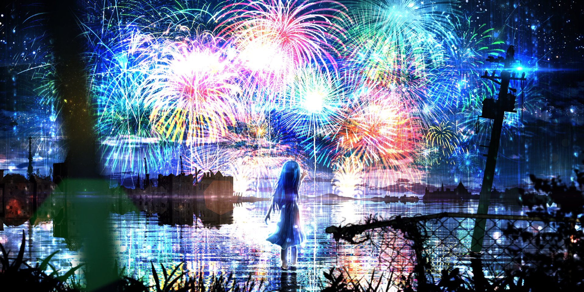 Download Night Water Reflection Fireworks Anime Original Anime Night HD Wallpaper by ワベマ