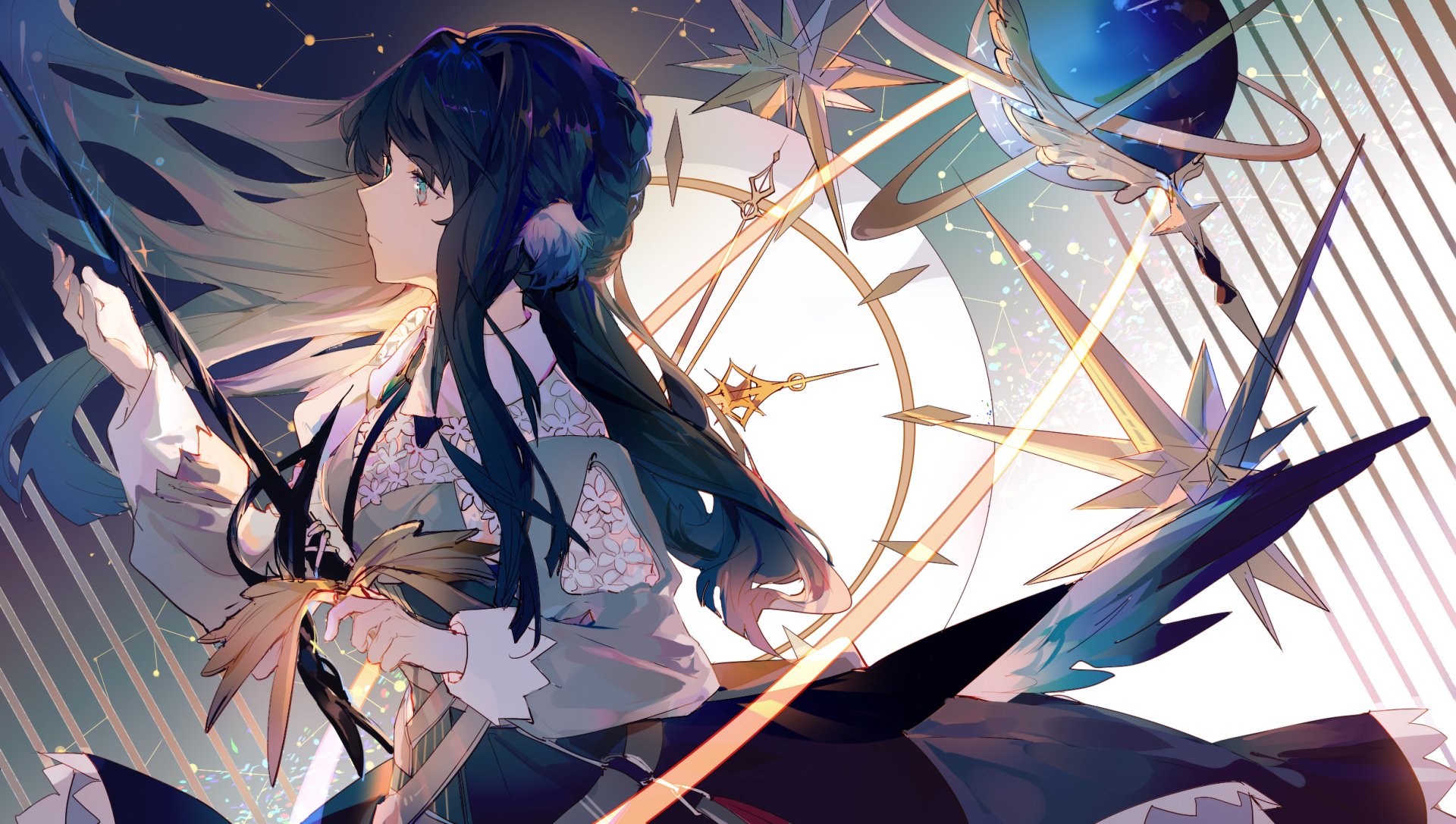 HD PC desktop wallpaper featuring Astesia from the video game Arknights, set against an intricate celestial clockwork background.