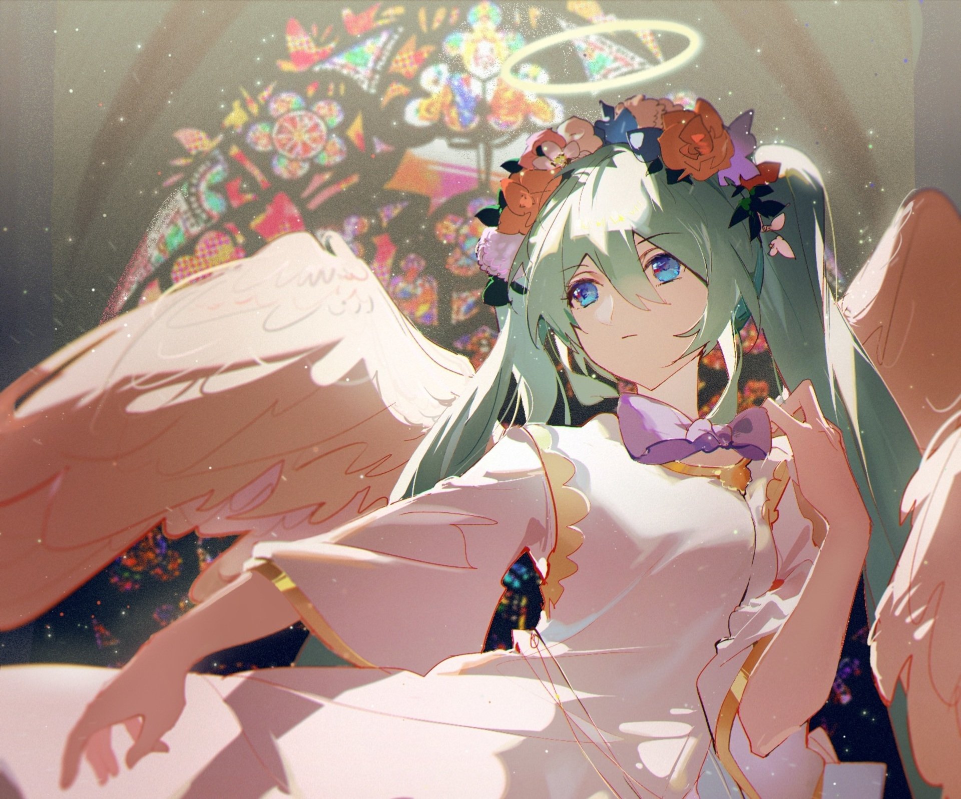 Hatsune Miku as an angelic anime Vocaloid: mint twin-tails, floral crown and wings in a white dress, stained-glass background — HD PC wallpaper.