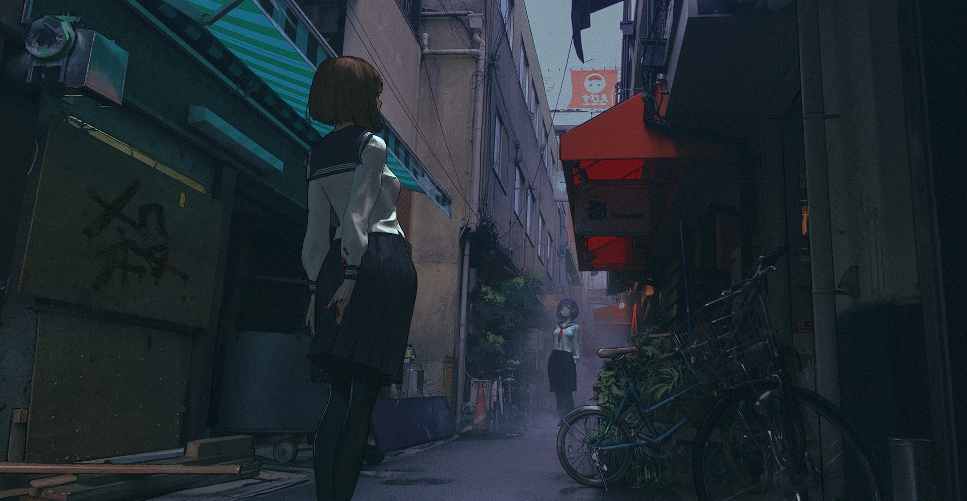 Original Anime 2K Quad HD PC desktop wallpaper: school uniform students stand in a moody narrow urban alley with bicycles, neon awnings and misty atmosphere.