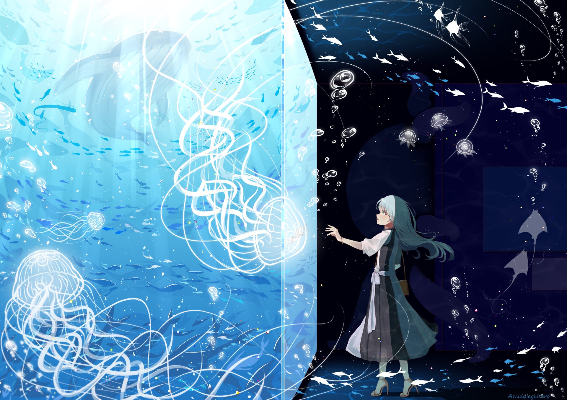Anime-style original 4K Ultra HD desktop wallpaper depicting a girl reaching between contrasting light and dark underwater scenes filled with jellyfish and fish.