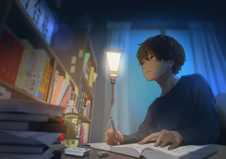 Anime-style scene of a short-haired character studying at night by lantern light in a cozy, detailed anime room, rendered in 4K Ultra HD for PC desktop background.