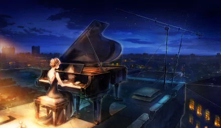 An anime pianist plays a grand piano atop a rooftop under a starry night sky, illuminated by city lights in this HD PC desktop wallpaper.