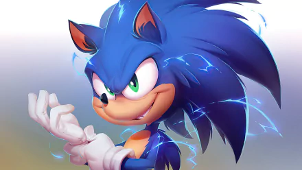Sonic the Hedgehog with glowing green eyes and electric blue streaks, featured in a vibrant 4K Ultra HD movie-themed PC desktop wallpaper.