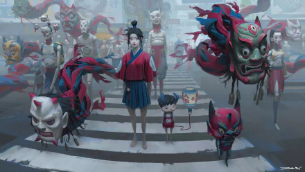 Fantasy people: a girl in red-blue and a small masked child lead a surreal parade of floating ornate masks and figures on stone steps — 4K Ultra HD PC Desktop Wallpaper and Background