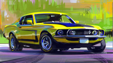 HD artistic desktop wallpaper featuring a vibrant, stylized Ford Mustang in bright yellow and green tones with dynamic brushstroke effects.