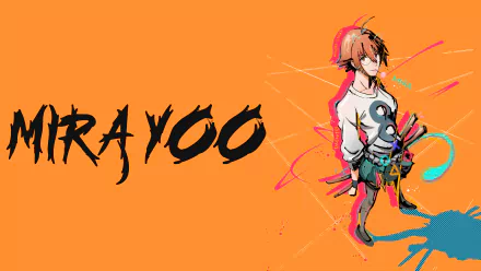 Yu Mira from The God of High School anime on an orange 5K Ultra HD PC desktop wallpaper, stylized character with colorful brushstrokes and bold MIRAYOO text
