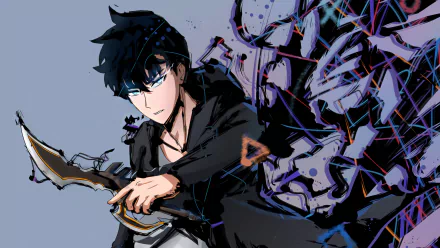 Sung Jin-Woo from Solo Leveling in dynamic anime style, rendered in stunning 4K Ultra HD for a striking PC desktop wallpaper and background.