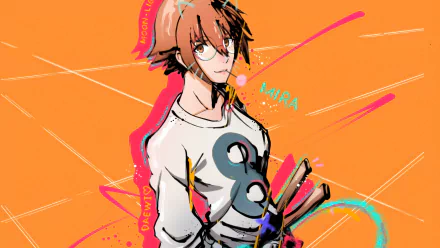 Yu Mira from The God of High School in a 5K Ultra HD PC desktop wallpaper and background: stylized anime portrait on an orange backdrop with dynamic brushstroke accents.