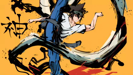 HD desktop wallpaper featuring Jin Mori from the anime The God of High School in a dynamic pose against a vibrant yellow background, with stylized black and white brush strokes.