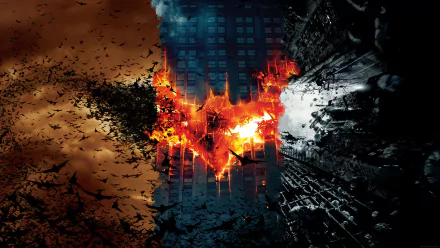 HD desktop wallpaper of Batman from The Dark Knight movie, featuring a dramatic background with the Batman logo in fiery detail, reflecting the intensity of The Dark Knight Trilogy.