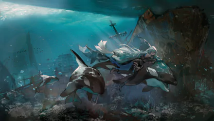 Underwater HD PC desktop wallpaper: Skadi (Arknights) swims with two orcas through sunlit wreckage and ruins, a cinematic scene from the video game Arknights.