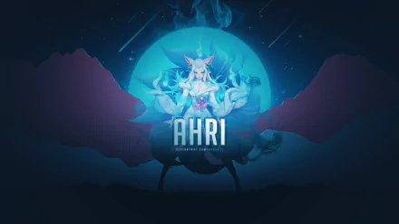 4K Ultra HD desktop wallpaper featuring Ahri from League of Legends, set against a mystical blue background with glowing effects and the game title.