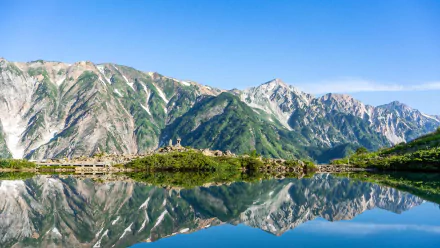 HD PC desktop wallpaper/background: Hakuba, Japan — alpine mountains and green slopes reflected in a crystal lake under a clear blue sky.