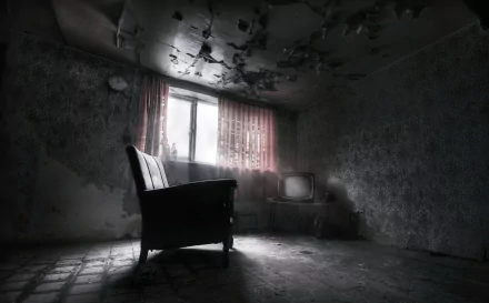 Abandoned room with peeling ceiling and wallpaper, featuring a single chair facing a window and an old television, captured in a dark, eerie HD desktop wallpaper.