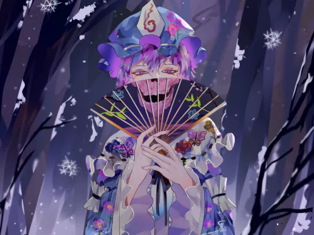 Yuyuko Saigyouji (Touhou) anime 2K Quad HD PC desktop wallpaper: purple-haired ghostly figure in frilled kimono hiding behind an ornate fan amid falling snow in a dark, snowy forest.
