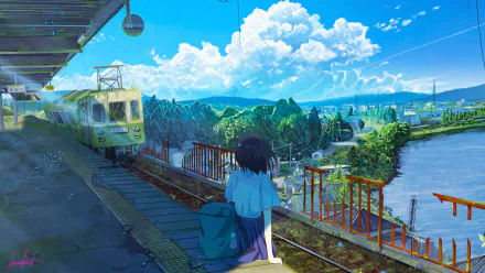 Anime-inspired HD wallpaper featuring a serene train station by a lake with lush green surroundings. A train approaches the platform as a character stands with their back turned.