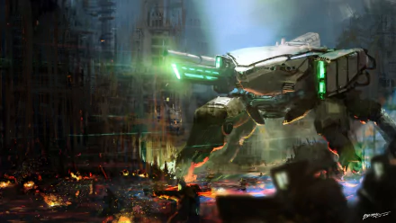 4K Ultra HD PC desktop wallpaper and background of a futuristic sci-fi combat robot: a quadrupedal mech with glowing green cannons stalking a burning neon city.