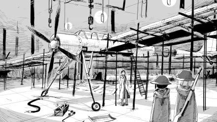 HD PC desktop wallpaper/background: Yuuri and Chito from Girls' Last Tour in a monochrome anime hangar, surrounded by scaffolding and a propeller plane.