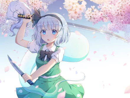 Anime-style HD desktop wallpaper featuring Youmu Konpaku from Touhou, holding two swords with cherry blossoms and a full moon in the background.
