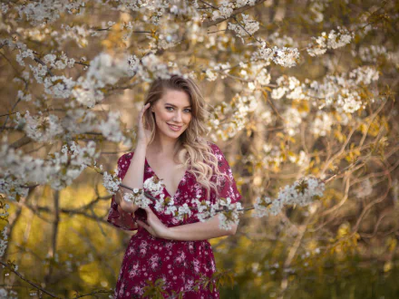 blue eyes blossom dress blonde woman model HD Desktop Wallpaper | Background Image