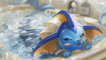 A charming Vaporeon from Pokémon relaxing in a bubbly bath, featured as an HD desktop wallpaper, capturing the essence of anime aesthetics with vibrant colors and playful elements.