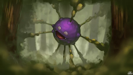 HD desktop wallpaper featuring Koffing from the Pokémon anime series. Koffing is depicted in a misty forest, emanating smoke from its body.