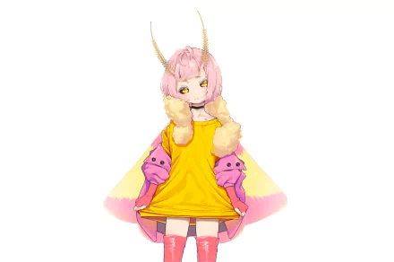 Anime girl with short pink hair and yellow eyes, wearing a yellow fur‑trimmed coat and pink gloves; centered composition — 2K Quad HD PC desktop wallpaper/background.