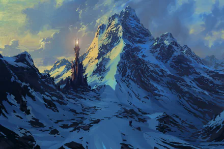 HD desktop wallpaper depicting a fantasy landscape with a towering structure amidst snowy mountains under a luminous sky.